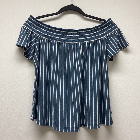 American Eagle Outfitters Tops - American Eagle Outfitters blue/white striped off shoulder top size‎ S